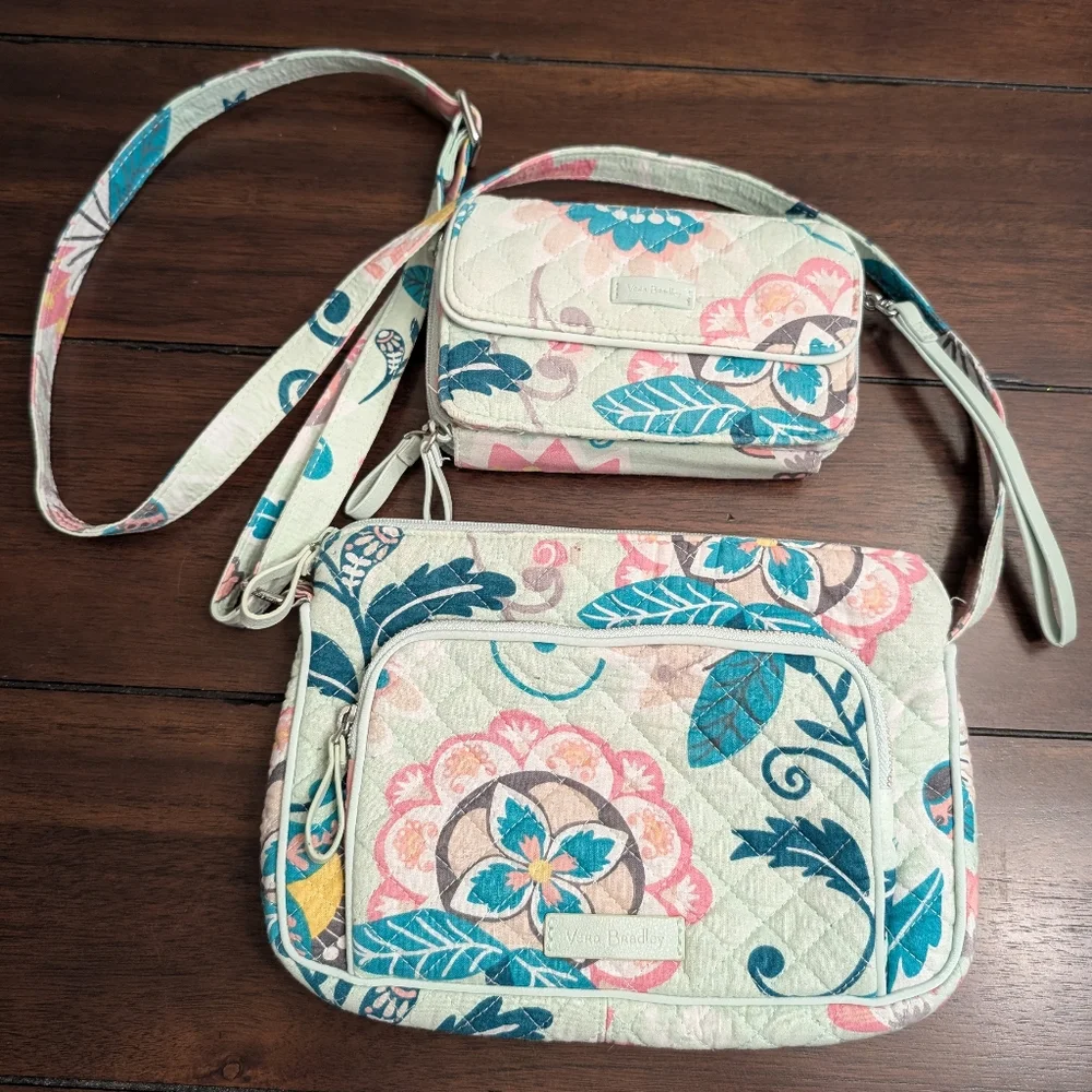 Vera Bradley Mint Flowers Hipster Crossbody Bag & Accordion Wristlet - Picture 1 of 16